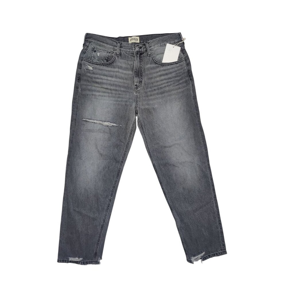 Etica Marlowe Slim Boyfriend Mid Rise Stormy Skies Gray Distressed Jeans 32 NWT